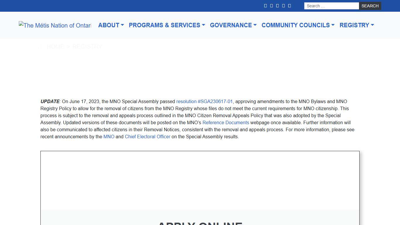 Métis Nation of Ontario Registry Métis of Ontario